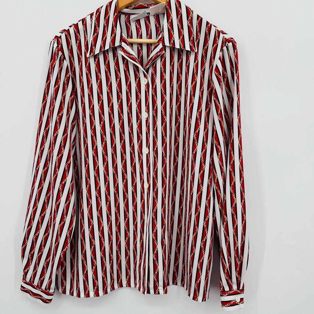 Vintage Stephanie K Koret Gold Chain Red White Striped Button Down Blouse Medium
